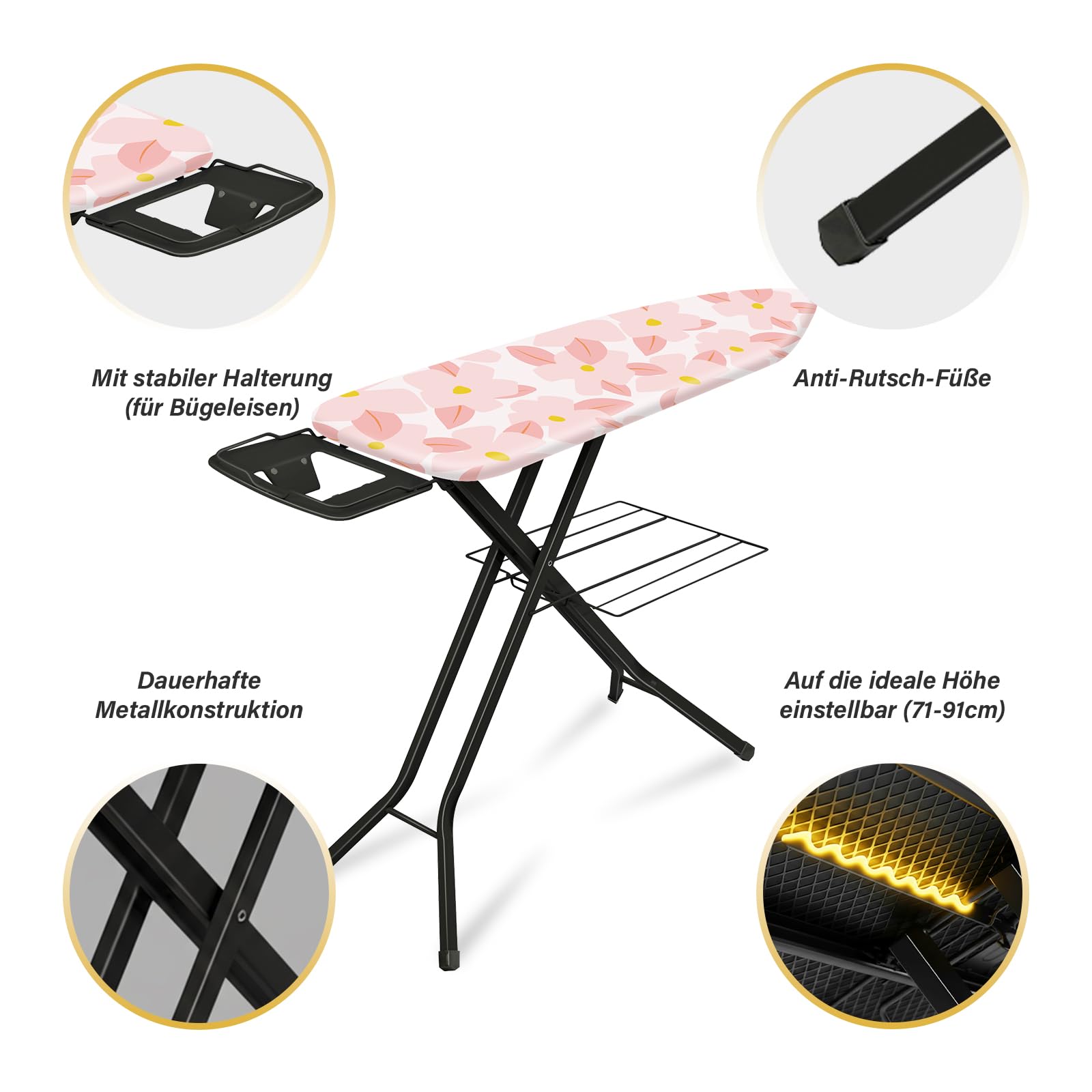 TEENO Klappbares Bügelbrett 122 x 38 cm,Kompatibel Mit Dampfbügeleisen,Sicherheitsschließsystem,7-Stufige Höhenverstellung,100% Baumwoll-Bügelauflage,Geeignet Für Zu Hause/Waschküche(Rosa)
