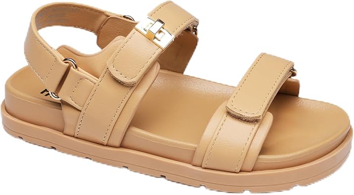FabKids Girls Flat Sandals Comfort Adjustable Double Strap Slip on Leather Footbed Sandals for Toddler Little Kid Big Kid