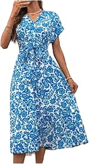 فستان ايه لاين بقبة V امامية متداخلة على الصدر وطبعة زهور واكمام رجلان مع رباط عند الخصر، مناسب لمختلف المناسبات، بما في ذلك اجازات الجزيرة والتنقل اليومي