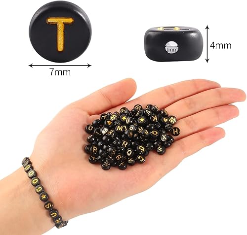 Miniatura 2 de Yochus 1400 cuentas negras de letras de 0.16 x 0.27 pulgadas (0.157 x 0.276 in), juego de cuentas de letras acrílicas doradas para hacer joyas y
