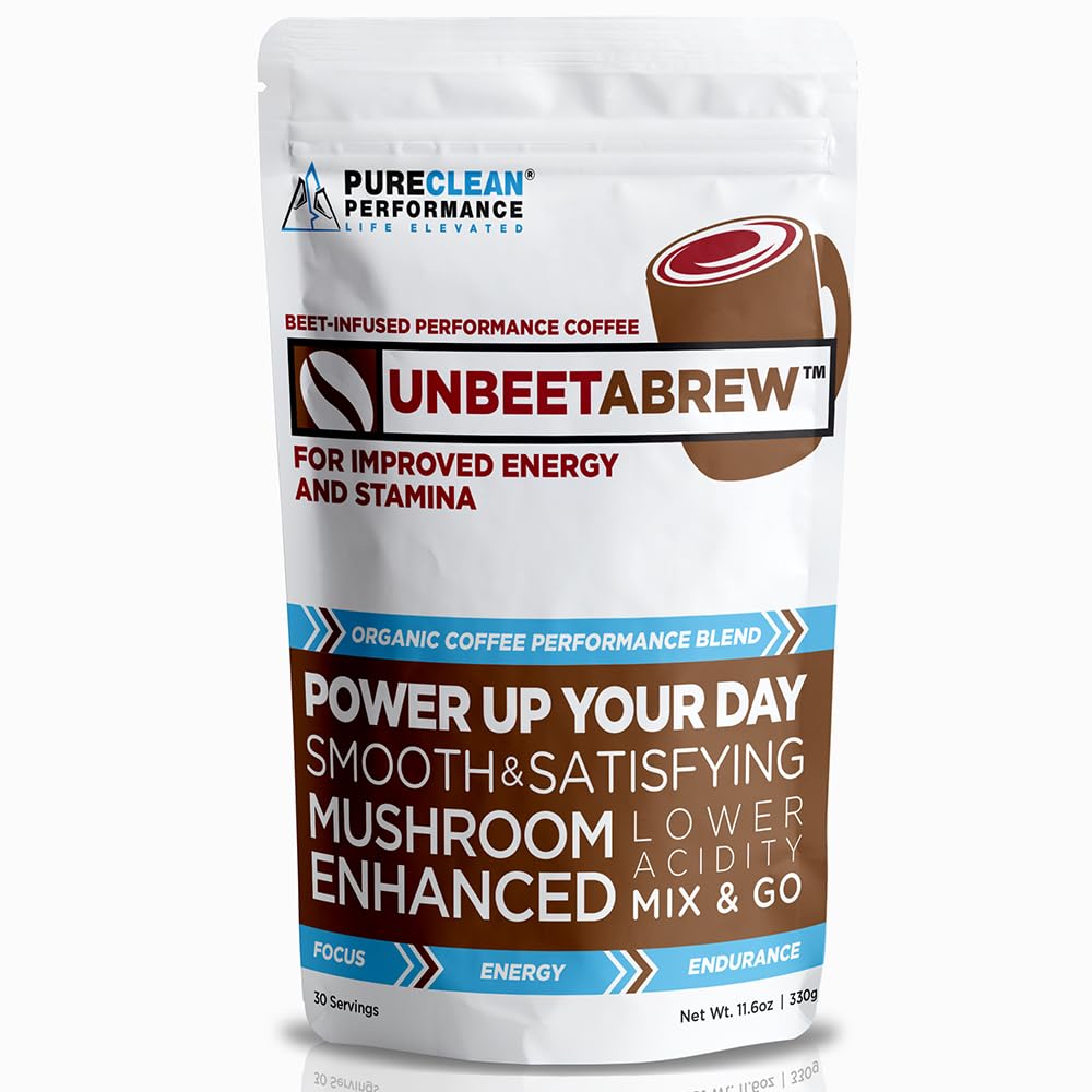 UNBEETABREW Organic Beetroot & Mushroom Coffee – Plant-Based, Energy with Beet Juice, Adaptogens, L-Theanine & D-Ribose – Focus, Strength & Stamina – USA Made with Organic Arabica Beans - 30 Servings