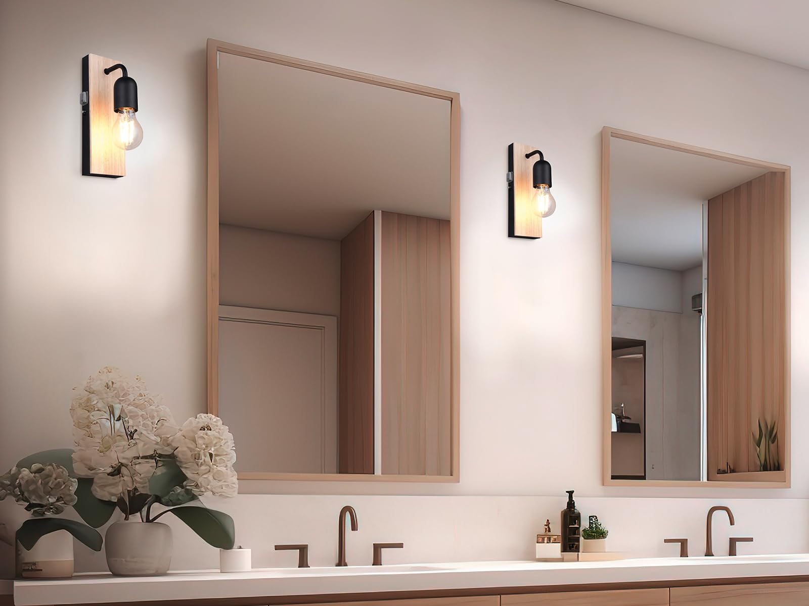 meineWunschleuchte Badezimmer Wandleuchte 1-flammig mit Schalter und Holz, Höhe 24cm