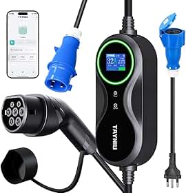 Carregador Portátil para Carro Elétrico 7kW TAYNIU com Adaptador 20A Incluso, Bivolt, Tipo 2, Controle por App Smart Life, Cabo 5m, Compatível com BYD, Geely, BMW, Volvo Infinity