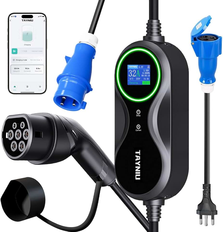 Carregador Portátil para Carro Elétrico 7kW TAYNIU com Adaptador 20A Incluso, Bivolt, Tipo 2, Controle por App Smart Life, Cabo 5m, Compatível com BYD, Geely, BMW, Volvo Infinity