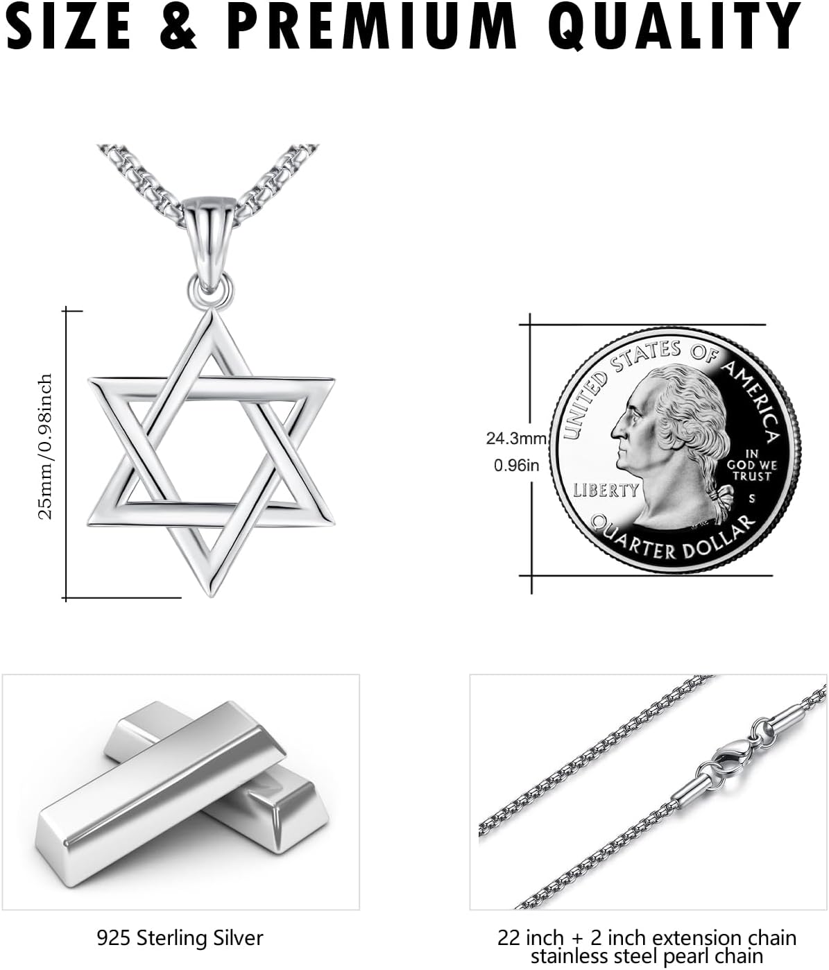 925 Sterling Silver Jewish Star of David Necklace with Stainless Steel Chain - Image 5