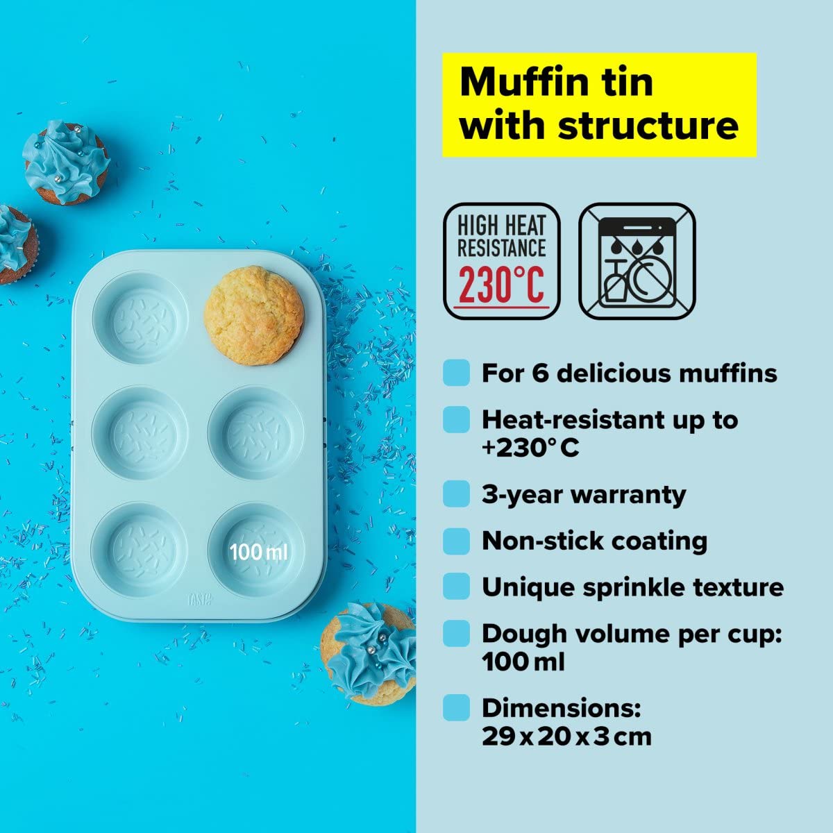 Tasty Muffin Tin with Structure, Baking Tray for 6 Muffins, Super Non-Stick Traybake, Coated Cupcake Tin, Cupcake and Muffin Mould, Bakeware, Dimensions: 29 x 20 x 3 cm, Colour: Light Blue