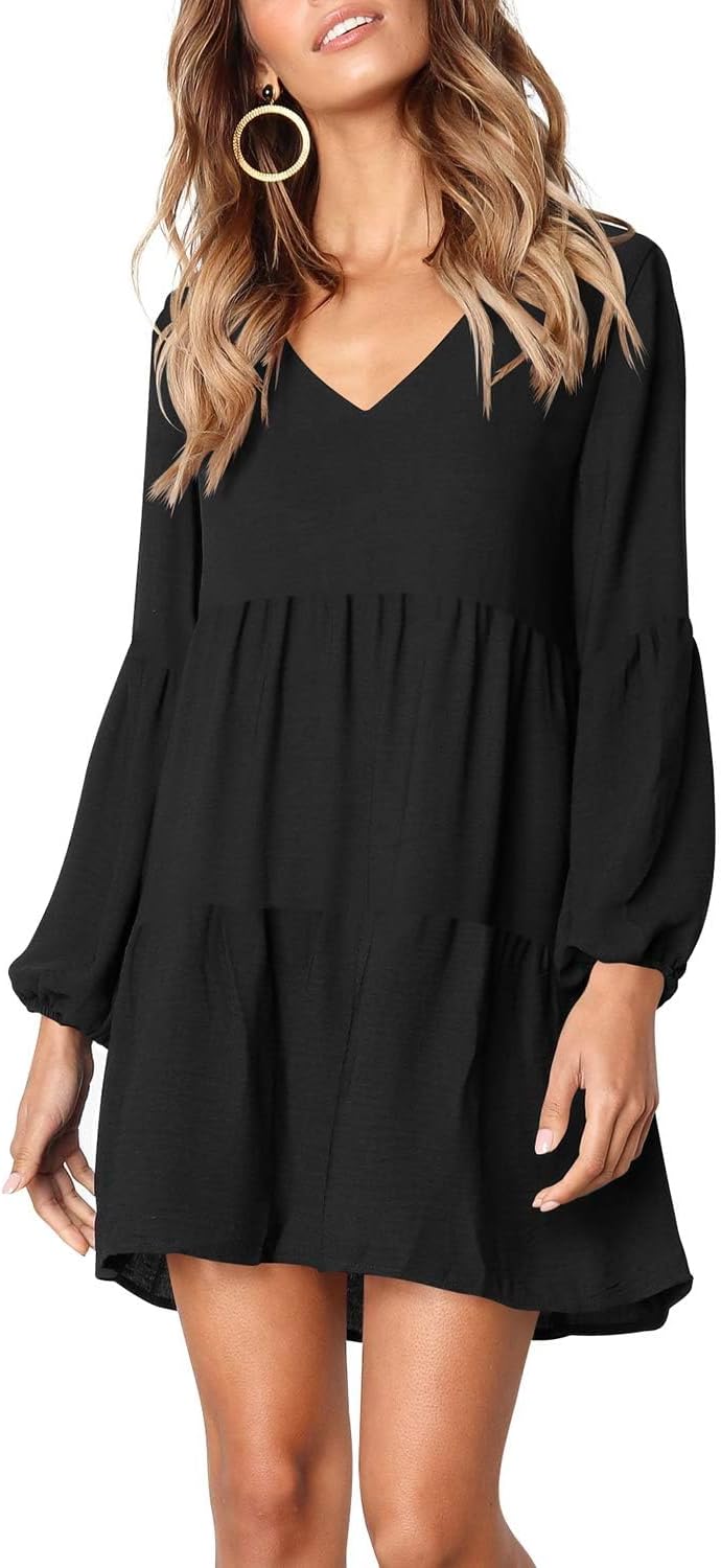 Amoretu Womens Tunic Dress Long Sleeve V Neck Casual Loose Flowy Swing Shift Dresses - Image 3