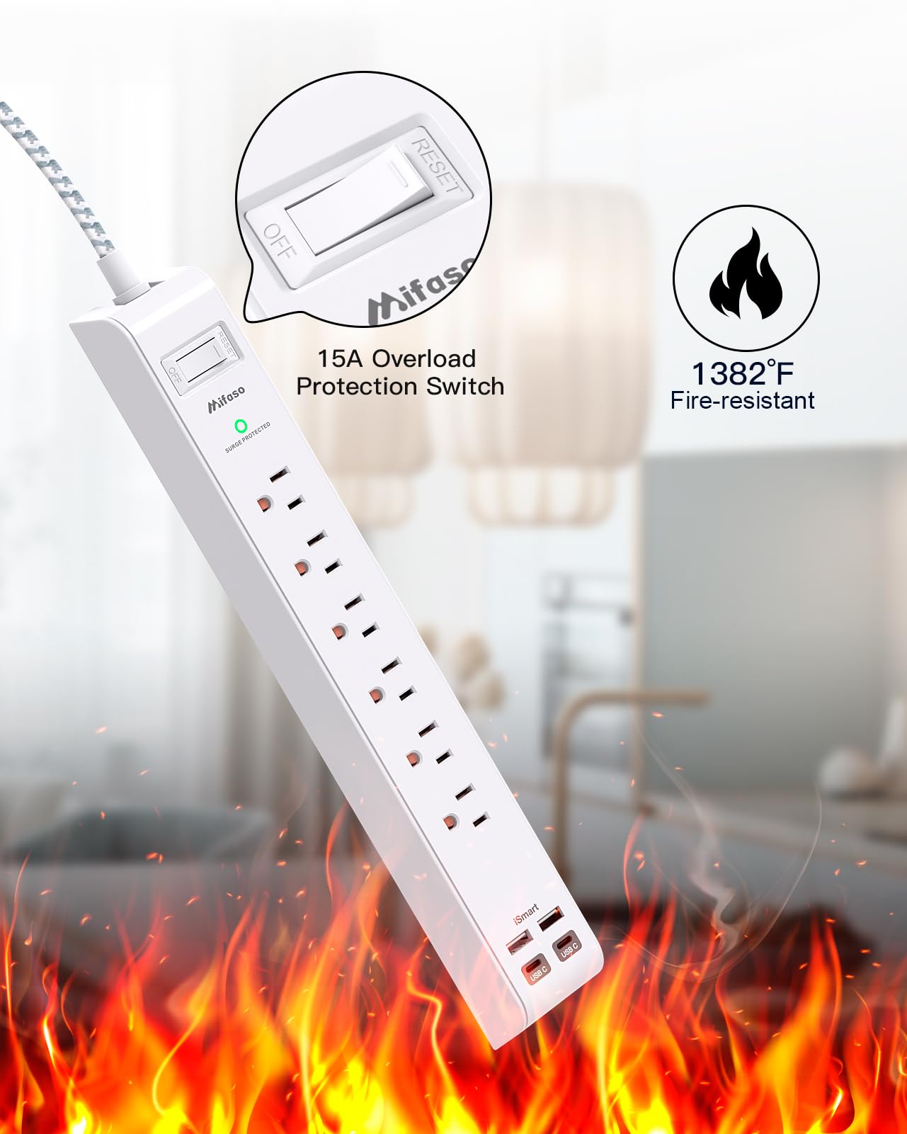Tira de alimentación protectora contra sobretensiones de 10 pies con 4 puertos USB, 2 enchufes USB-C 6 CA, cable de extensión de enchufe plano, estación de carga USB, montaje en pared para el hogar,
