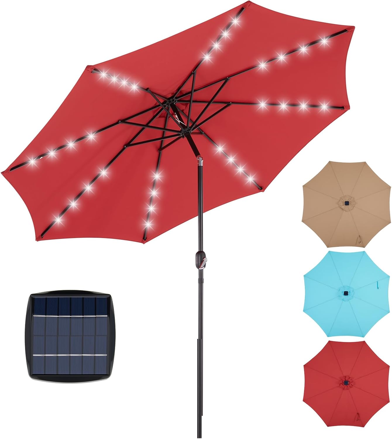 OLIXIS 10FT Solar Patio Umbrella with 32 LED Lights, Tilt, Crank Button, 8 Sturdy Ribs and Waterproof, Lighted Umbrellas for Poolside, Backyard, Terrace, Garden