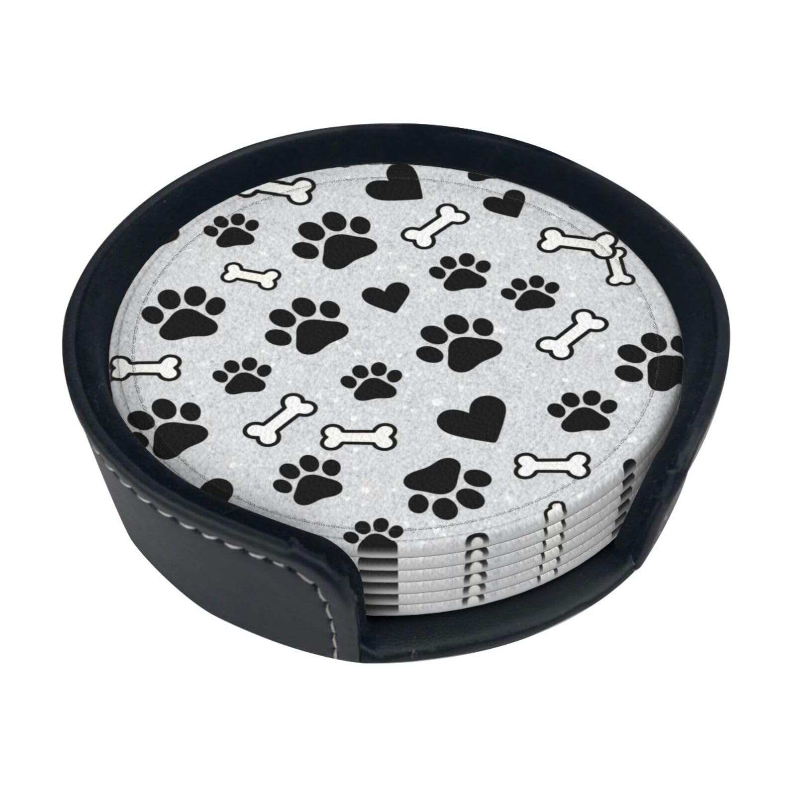 Cute dog paws Leather Coasters-Set of 6 with Storage Holder