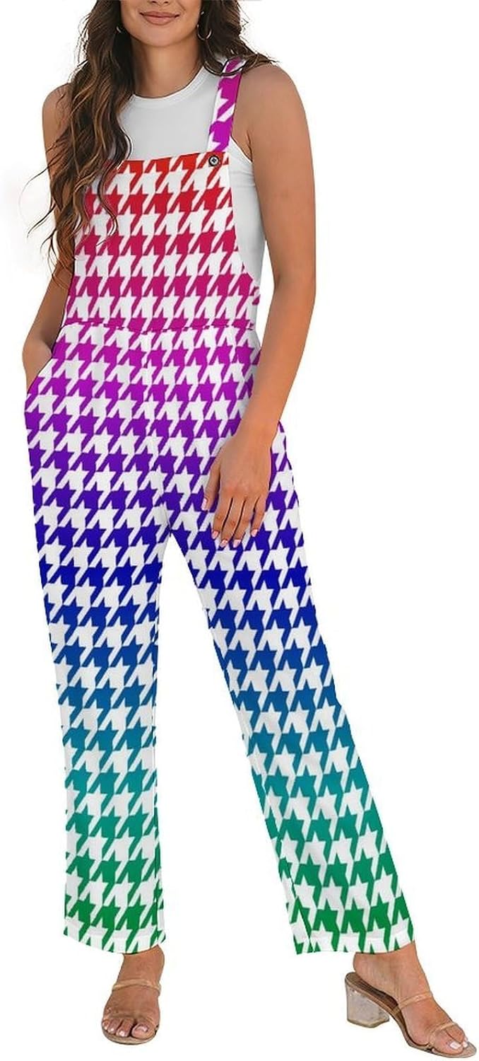 FANSU Houndstooth Print Overalls with Dual Pockets | Adjustable Shoulder Straps Comfortable Loose Fit Sleeveless Womens Jumpsuits, S-3XL Women's Dungarees/Wide Leg Trousers
