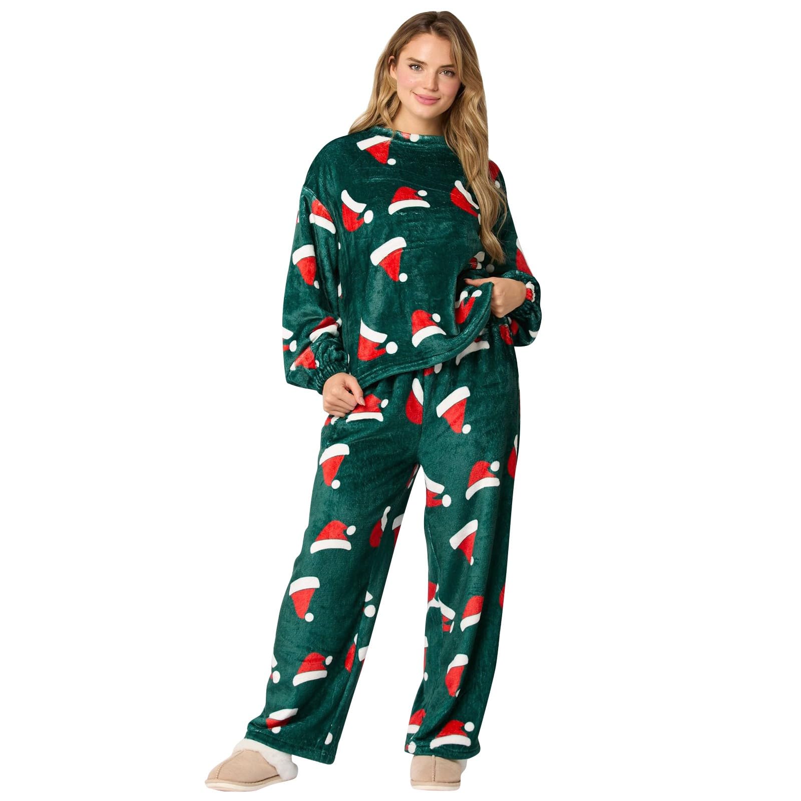Genérico Pijamas Mujer Manga Larga，Conjunto de Pijama Mujer Invierno Otoño Ropa Confortable Franela Diseño Navideño Gorro Lujo Casual Noche