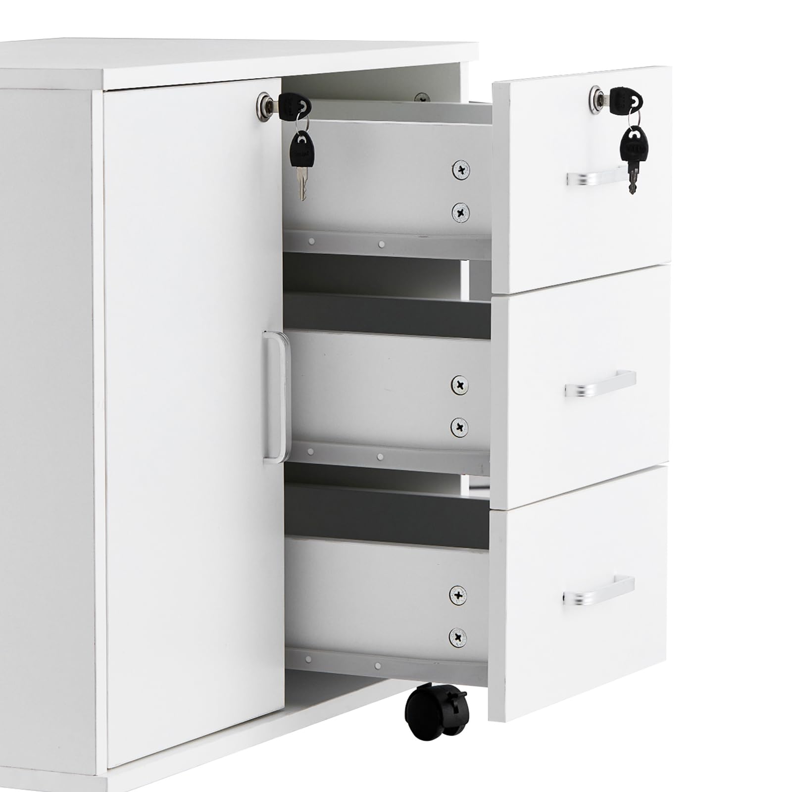Rollcontainer Aktenschrank aus Holz, Abschließbar Büroschrank mit 3 Schubladen und Tür, Vertikale Büro-Aktenschränke mit Rollen für Büro Arbeitszimmer Wohnzimmer, 40×60×57 cm, Weiß