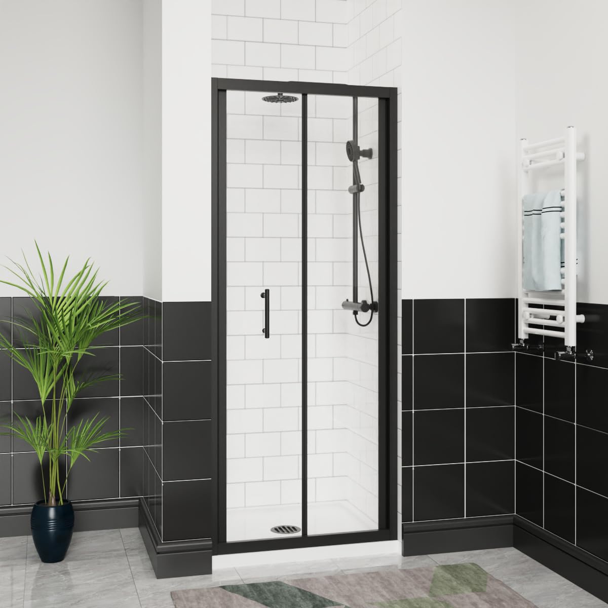Aquariss Matte Black 760Mm Bifold Shower Door 6Mm Self Clean Glass Shower Enclosure Reversible Folding Shower Cubicle Door Aluminium Frame