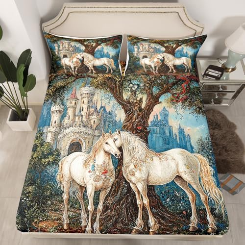 Loussiesd Juego de ropa de cama para niños y niñas, diseño de caballo al galope, sábana bajera ajustable de animales salvajes, funda de cama estilo granja occidental, decoración de dormitorio con 2