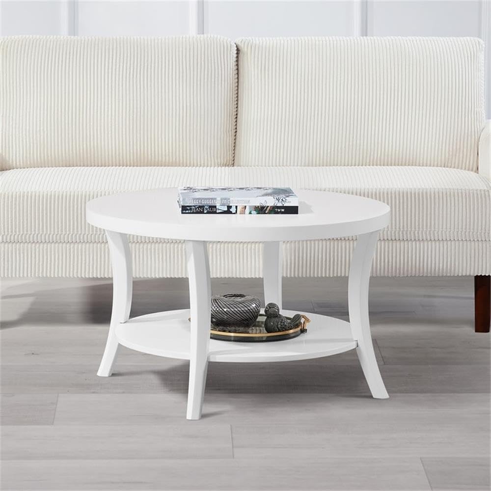 Convenience Concepts Charleston Round Coffee Table 30" - Classic Living Room Table with Storage Shelf for Transitional Living Room, Family Room, White