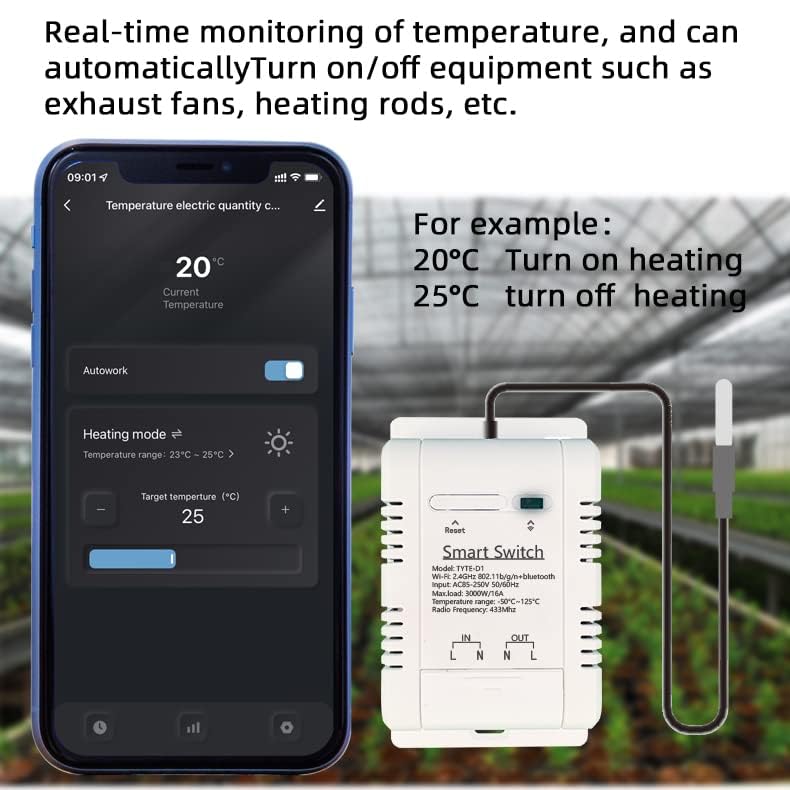 Smartphone screen showing heating mode settings with target temperature and a diagram of the smart switch connected to a plant growing setup