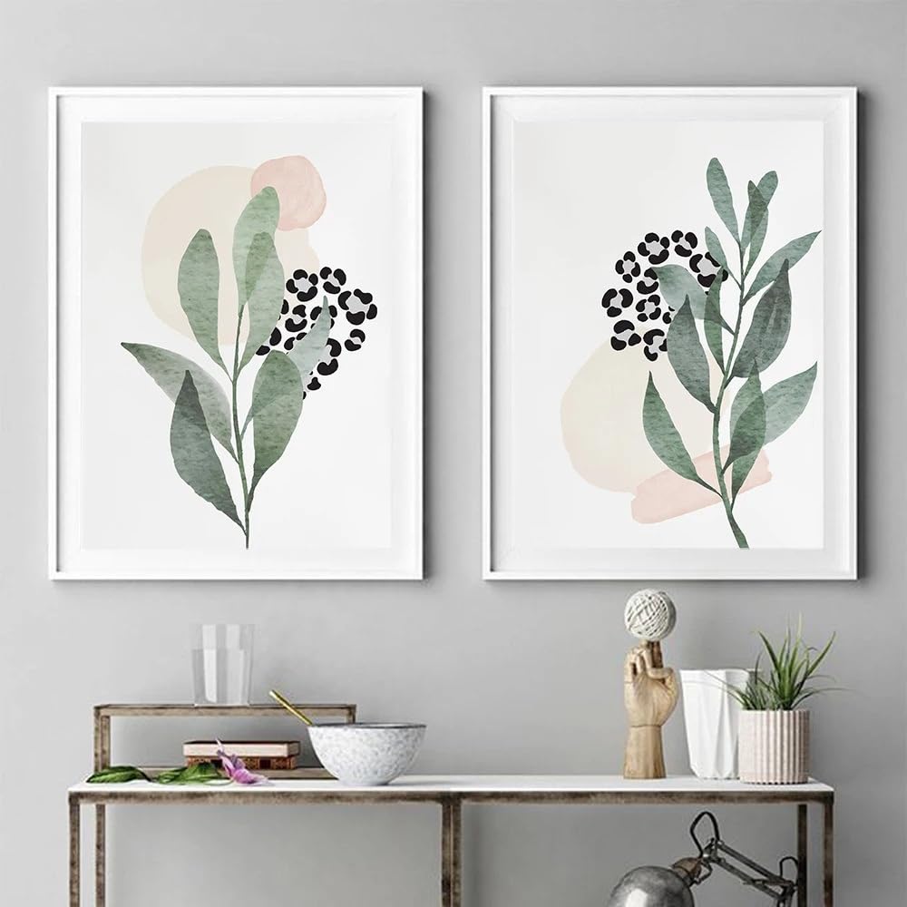 WBYZAC 2 Pieces-Floral Leaves Wall Art Posters and Prints Watercolor Flower Abstract Minimalist Meadow for Living Kitchen Room Home Decor Artwork-50 * 60cm (No Frame)