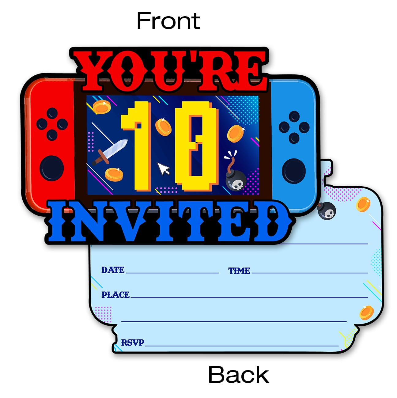 QYCFDXD Video Game 10th Birthday Invitations Boy Video Game 10 Year Old Boys Birthday Party Shaped Invitations with Envelopes, Set of 20