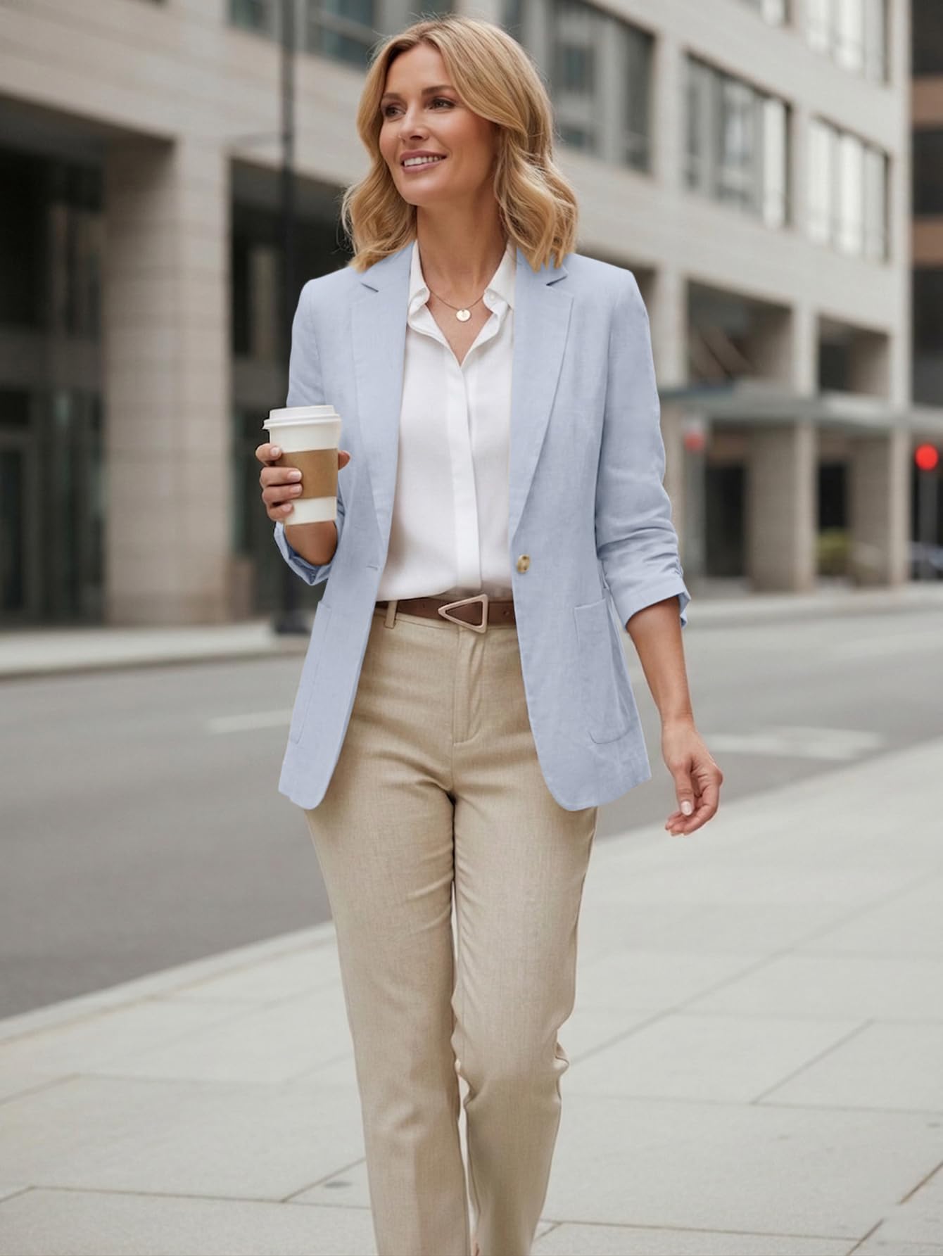 Mina Self 2026 Sommer-Leinen-Blazer für Damen, 3/4-Ärmel, gerüschte Ärmel, leicht, atmungsaktiv, Business-Casual-Arbeitsjacken, Tasche