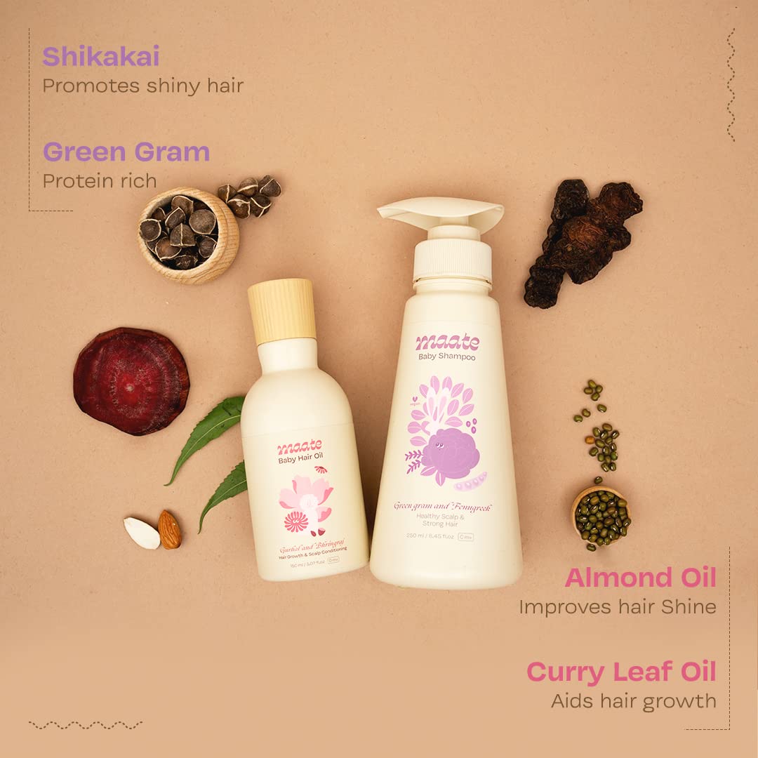 Maate Baby Hair Essentials Combo | Nourishing Hair Oil -150 ml & Extra Mild Shampoo - 250 ml | Mineral Oil, Sulphate-Free, pH Balanced, 100% Natural & Vegan