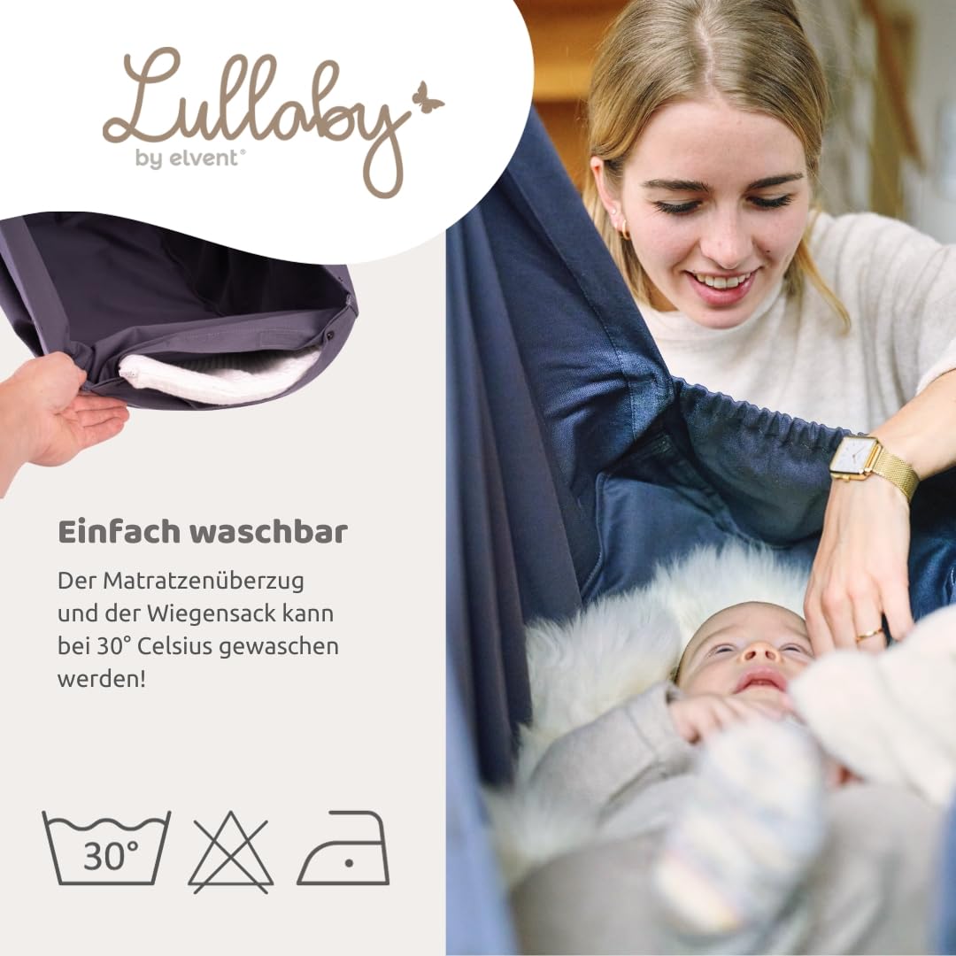 elvent® Lullaby Federwiege Set mit Matratze, Baumwolle, Made in Germany (Baby Hängewiege mit Ständer, Basaltgrau)