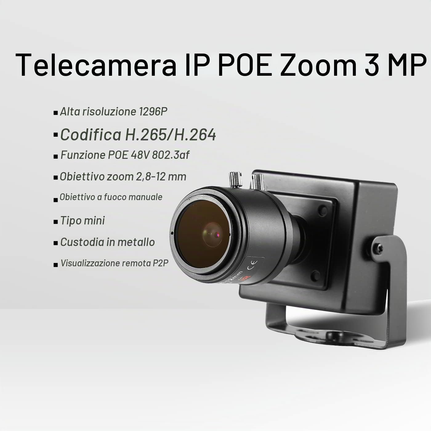 Revotech Mini 3MP PoE IP Fotocamera, Funzione Zoom Manuale 2,8-12mm, Alimentata da POE, Telecamera di Sicurezza Domestica CCTV, Rilevamento Movimento P2P Vista Remota (I712-P-FHW Metallo)