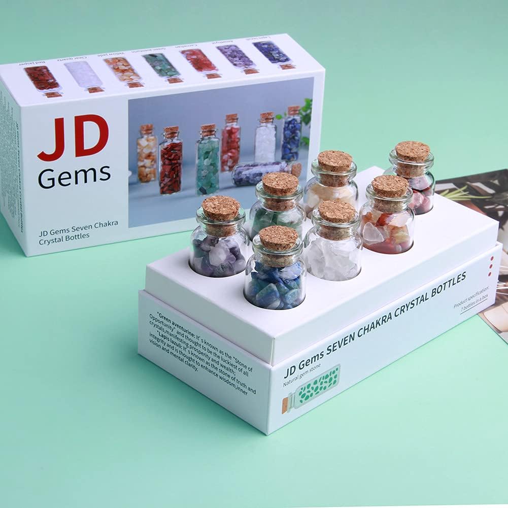 JD.Gems Glass Wishing Bottles Set of 7pc of 70x24mm Jars Filled with Tumbled Gemstone Healing Stone Natural Crystal Chips for Reiki, Meditation, Chakra Balancing – 7pc Healer’s Amulet Kit in Gift Box
