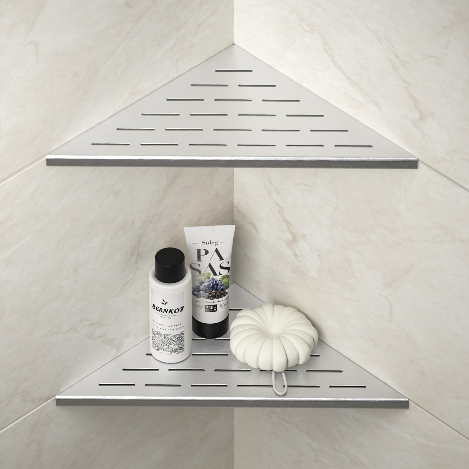 Bernkot Corner Shower Shelf, 12" Brushed 304 Stainless Steel Slot Design Recessed Corner Shelves 2 Pack Bathroom Grout in Shelf for Tiled Wall, Large