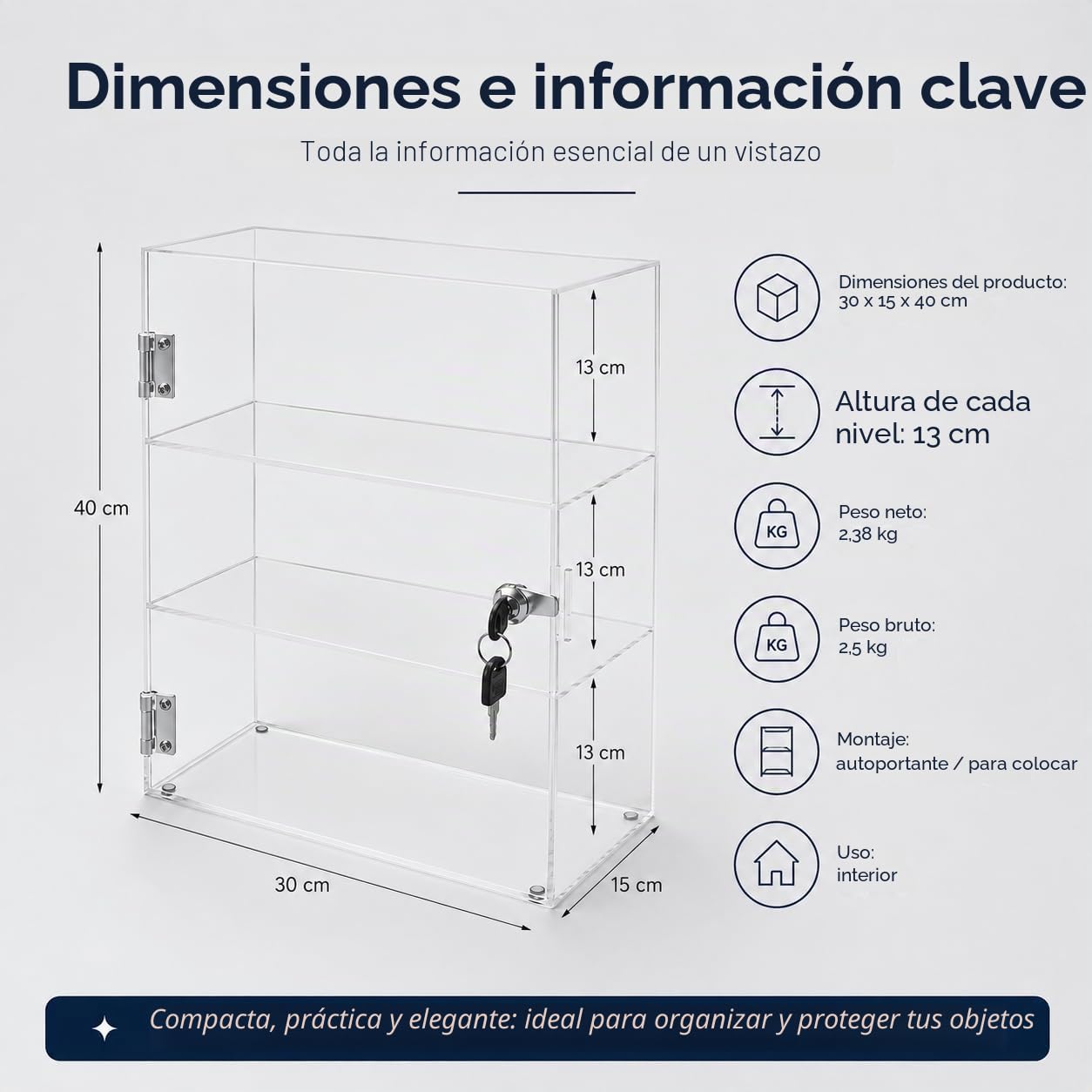 Vetrina con cierre de acrílico transparente de 3 niveles, con cerradura, expositor para casa, oficina, tienda, exposición, objetos de colección
