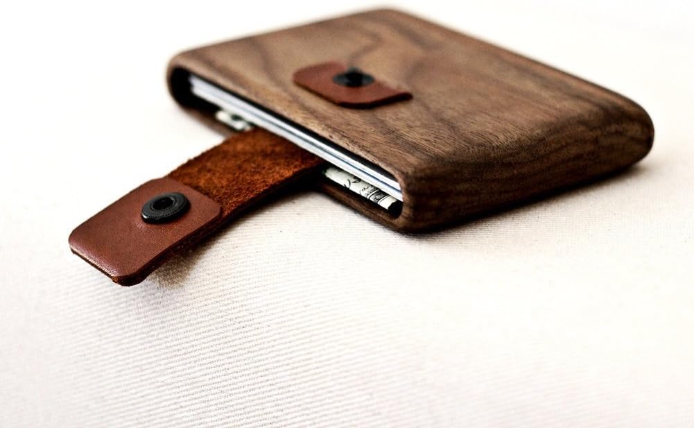 IPPINKA Minimalist Wallet for Men or Women - Wood Wallet - Walnut Wood with Leather Pull-Out Strap - Slim Card and Money Bill Holder