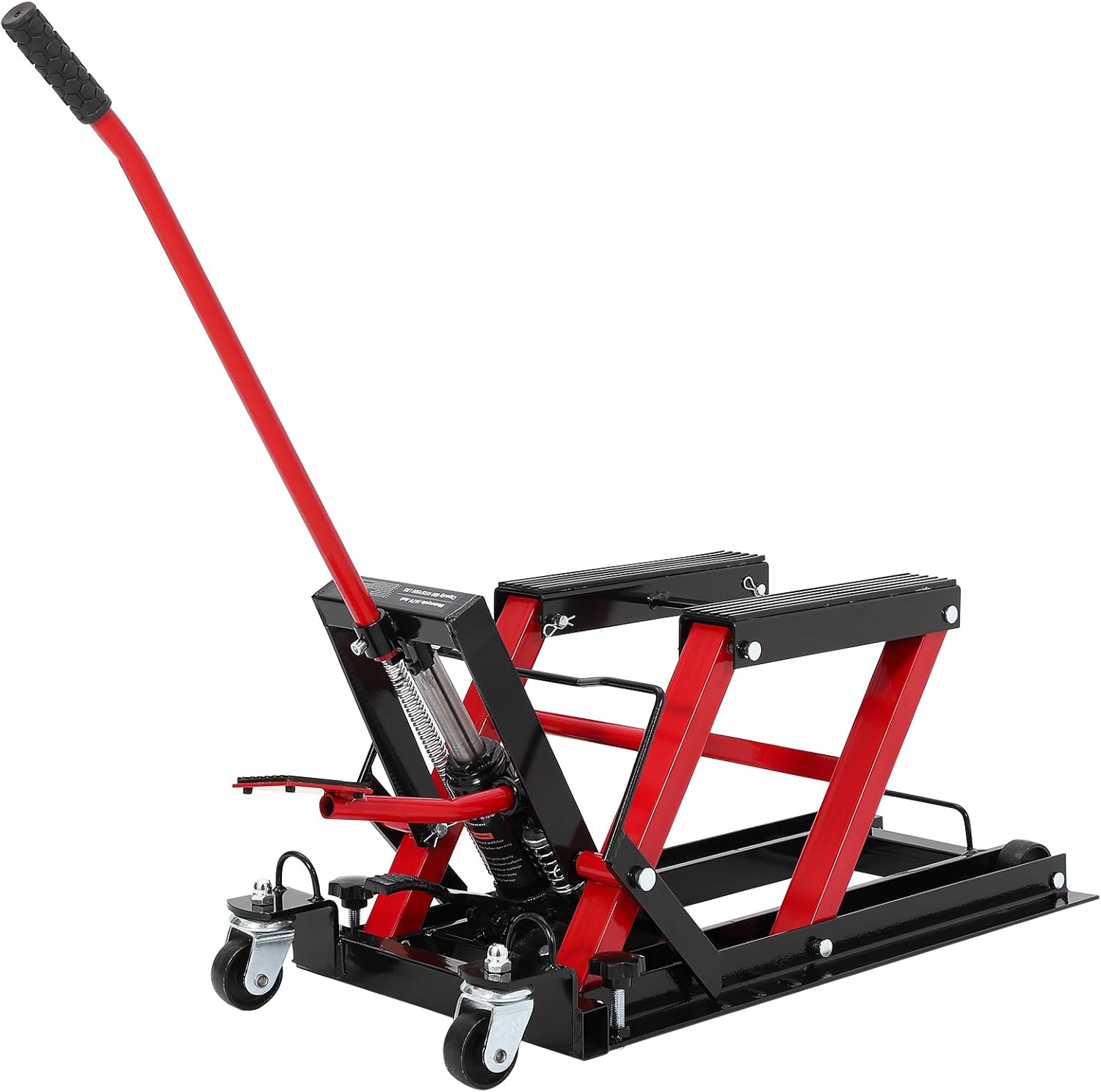 Hydraulic Motorcycle Lift Jack 1500 LB Capacity ATV Scissor Jack with 4.7-14.57 in Height Adjustment, Non-Slip Platform & 360° Swivel Casters, Garage Lift for Dirkbikes, Utvs, Red