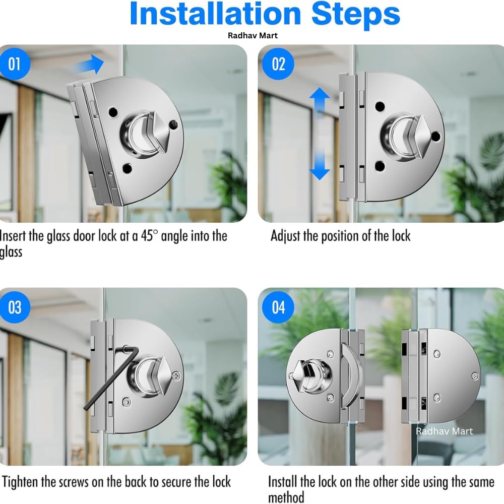 Radhav Mart Heavy Duty 304 Stainless Steel Glass Door Lock for 10-12mm Frameless Glass | No-Drill Anti-Theft Security Lock with 3 Keys & Inside Knob | Satin Finish Center Lock for Office, Shop & Home 2