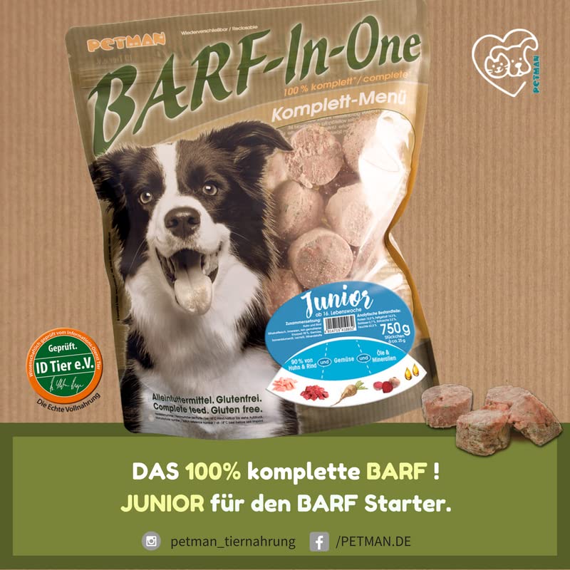 Petman Barf-in-One Junior, 8 x 750g-Beutel, Tiefkühlfutter, gesunde, natürliche Ernährung für Hunde, Hundefutter, Barf, B.A.R.F.