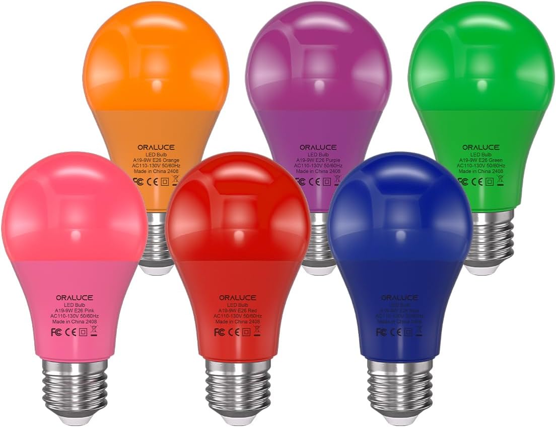 ORALUCE 6 Colored Light Bulbs Indoor Outdoor, A19 Color Lights Bulb,Colorful E26 LED Bulb 60 Watt Non-Dimmable, for Bedroom, Lamps, Patio, Halloween, Christmas, Party, Holiday, 6 Pack