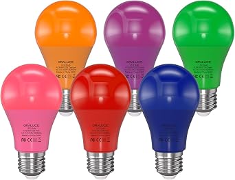 ORALUCE Colored Light Bulbs Outdoor Indoor, A19 Color Lights Bulb, 6 Pack | 60 Watt Colorful Light Bulb, E26 Multi Color Lightbulbs for Bedroom, Halloween, Christmas, Party, Holiday Non-dimmable