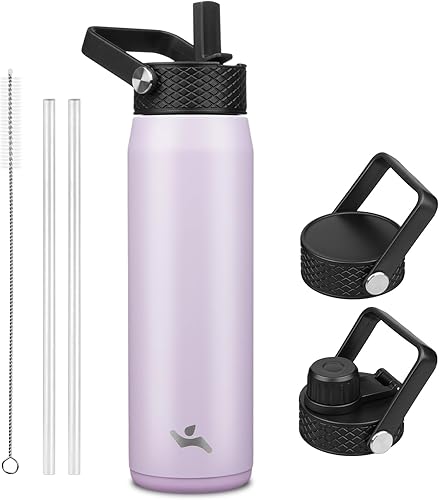 Miniatura 21 de Botella de agua aislada de acero inoxidable de 20 onzas con popote y 3 tapas, botella de agua deportiva sin BPA, botella de agua de viaje, color