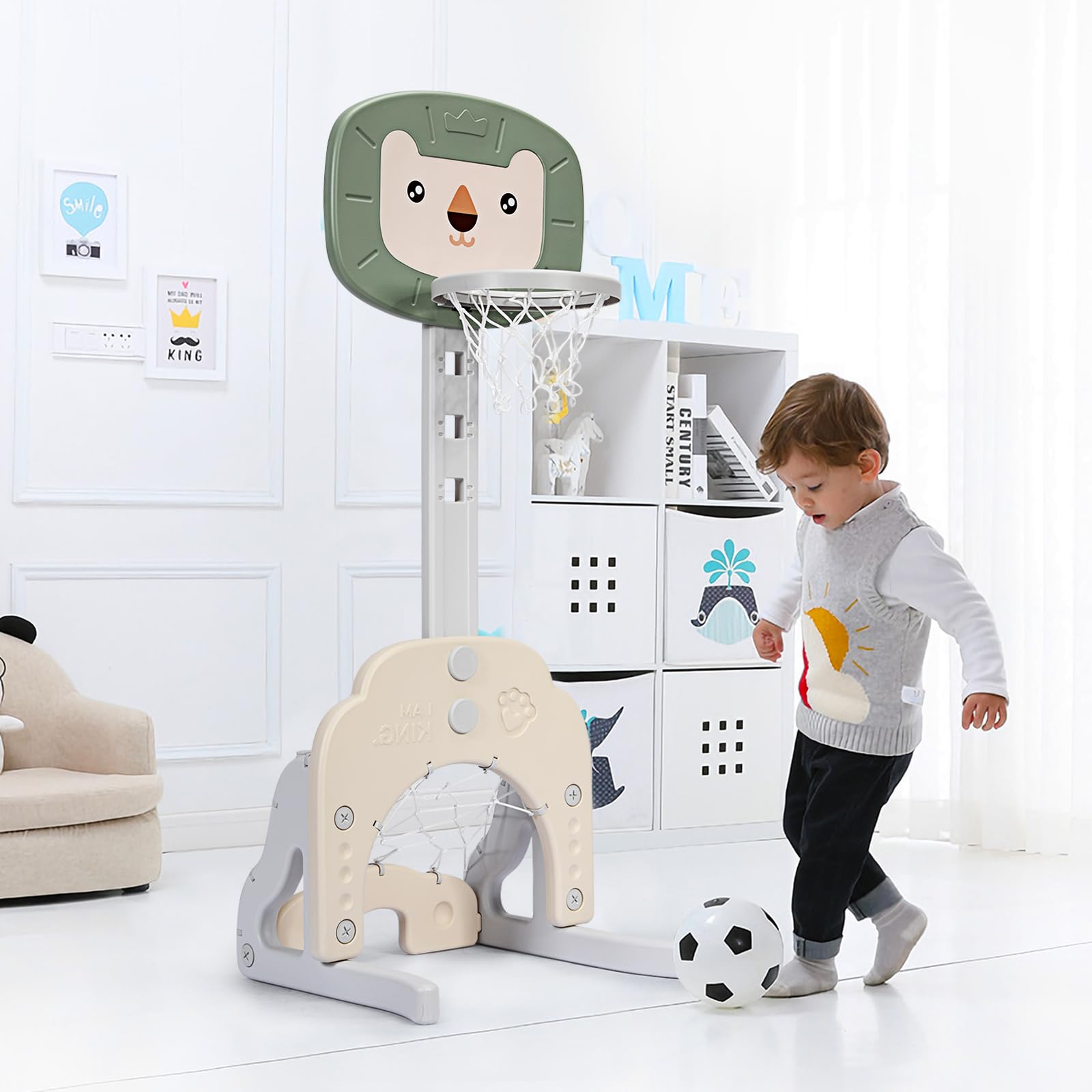 HOMASIS 3 in 1 Kinder Basketballkorb Set, multifunktionaler Basketballständer mit Fußballtor & Golf für Kleinkinder, höhenverstellbarer Basketballkorb mit Ständer inkl. Bälle & Golfschläger