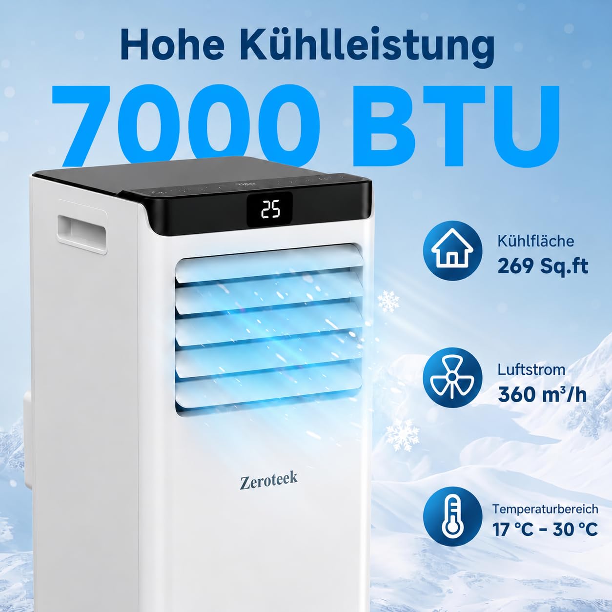 Klimaanlage Mobil, 4-in-1 Leistungsstark Mobile Klimaanlage mit Abluftschlauch, Kühlen, Entfeuchten, Ventilator, Fernbedienung, Intuitive Anzeige, 24h-Timer, Fenster-Kit, für Räume bis zu 33m²/90m³