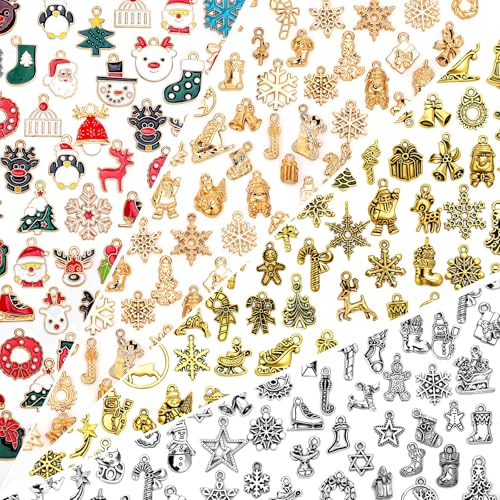 SANNIX 200Pcs Christmas Charms for Jewelry Making Xmas Enamel Charms Mixed Bulk Antique Gold Tibetan Silver KC Gold Bangle Pendants for Holiday Bracelets Necklaces Earrings Craft Making Accessories