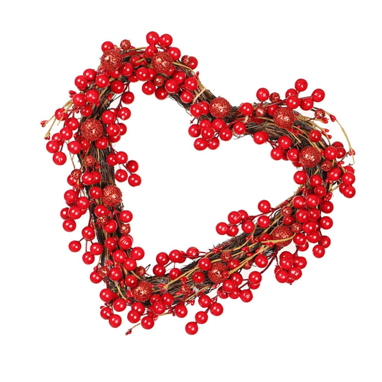 SHINEOFI Elegante Valentinstag Türgirlande Herzförmiger Rattankranz mit Roten Beeren Realistische Heimdekoration für Hochzeit und Party