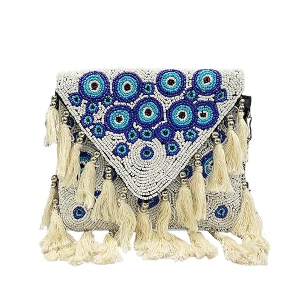 White & Blue Banjara Boho Clutch - Handmade Ethnic Designer Small Bag for Women & Girls | Traditional Embroidered Festival Purse - Unique Fashion Accessory for Bohemian Style Lovers-image-15