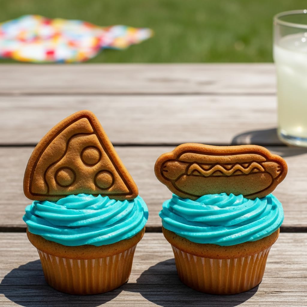 BAKERLOGY Mini Pizza Slice and Hotdog Cookie Cutter and Stamp Set (2") – Fun Fast Food Embosser for Novelty Biscuits, Fondant Tool for Summer BBQ and Party Cakes & Cupcakes