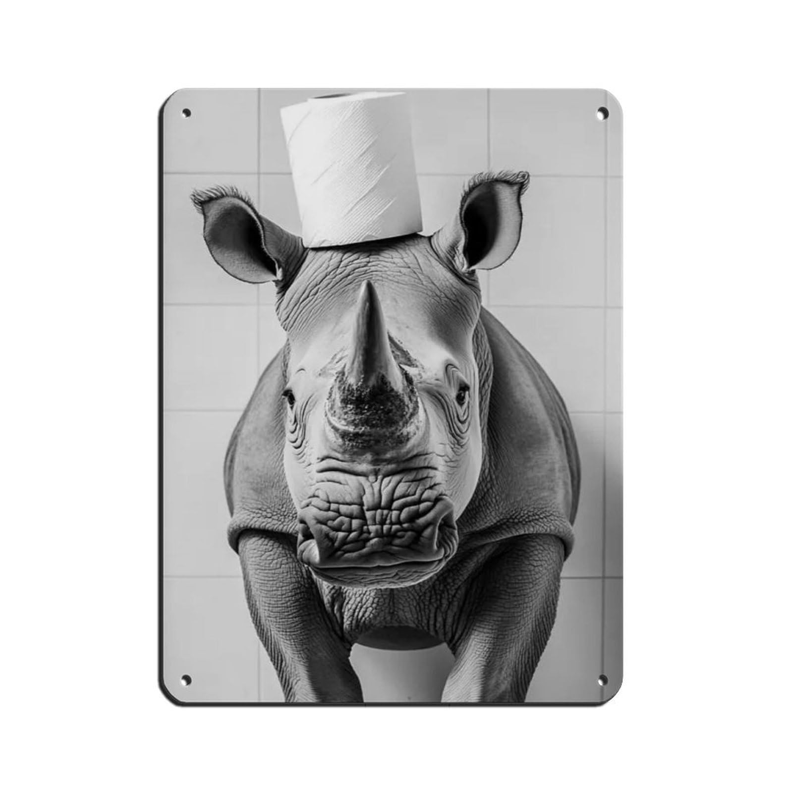 Lxwnze 30L X 40W Cm Rhino With A Toilet Paper Roll On Head Tin Sign Vintage Metal Pub Club Cafe Bar Home Wall Art Decoration Poster Retro 12X16inch(30X40cm)
