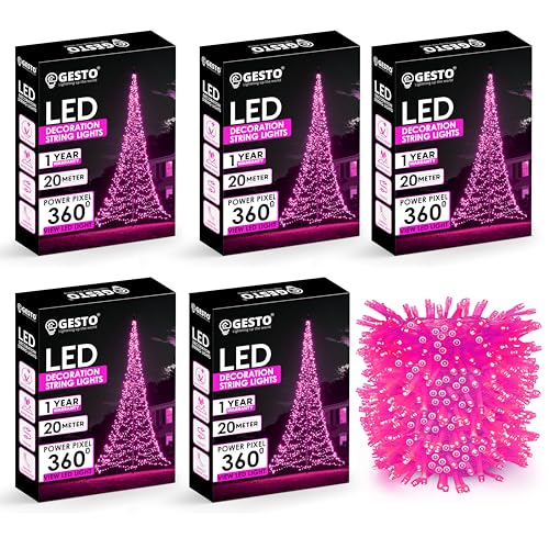 Image of Gesto Pink Led Serial String Lights - Waterproof Copper Wire Led Fairy Lights for Home Decoration,Christmas, Deepawali & Diwali Decoration Lights for Balcony Outdoor (20 Meter | Pack of 5)