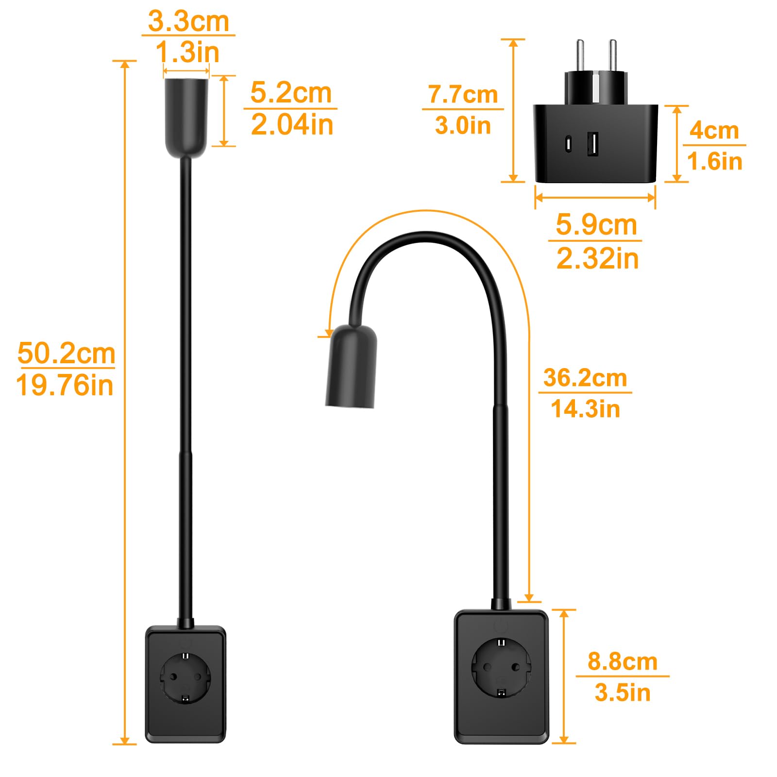 ENUOTEK Lampara de Lectura Aplique LED Interior, 3W 240LM Lampara Enchufe pared Aplique Negro Mesita de Noche pared, 4 Brillo Regulable, 3 Color de Luz 4000K-3000K-5000K Lampara Lectura pared
