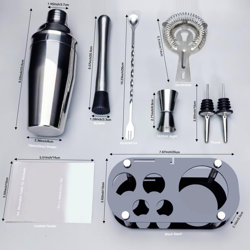 9Pcs Cocktail Shaker Set, Bartender Kit, Cocktail Shaker with Stand, Drink Mixing Includes Shakers,Strainer,Jigger,Bar Mixer Spoon,Muddler, Pourer, Bar Tool Set (Silver) - Image 6