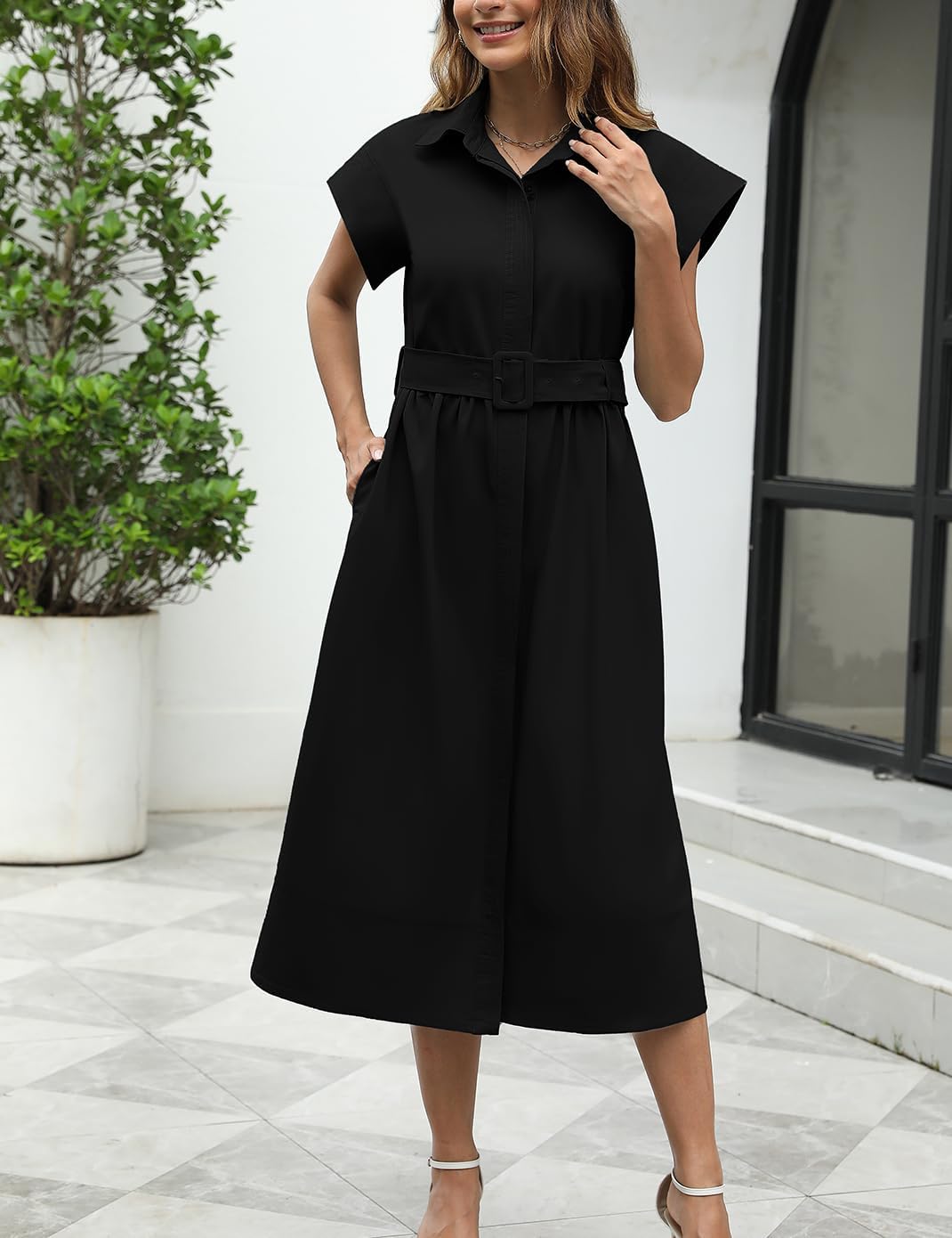 Haellun Women's Elegant Dress Classy Turn Down Collar Shirt Dress with Belt Short Wing Sleeve Trench Coat - Image 2