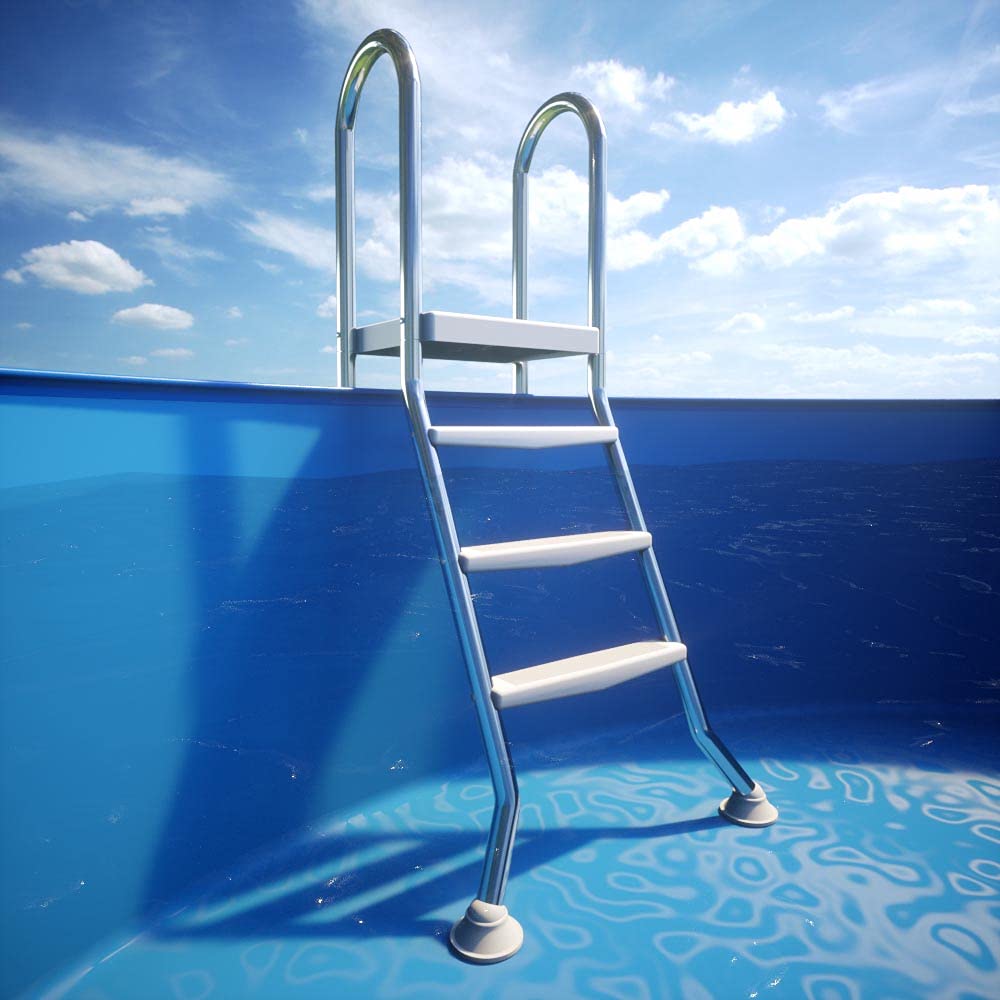 IDEAL Hochbeckenleiter 3/3-stufig V2A 1.4301 - Edelstahl Poolleiter mit Plattform - Für Beckenhöhe 0,90 bis 1,00 m - Ø 42 mm Holm - 2 x 3 ABS Stufen - Bis 120 kg