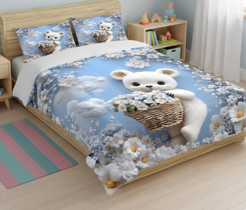 Image of Premium 7D Printed King Size Bedsheet Set with Pillow Covers Soft Cotton Blend Double Bedsheet for Home (Pillow Covers :18x28 inches Bedsheet :90x100 Blue,White)